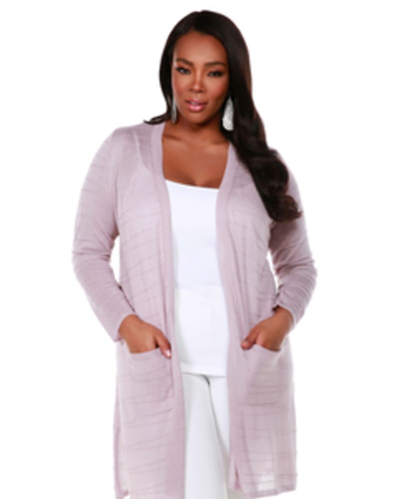 Front of a model wearing a size 1X Embroidered Open-Front Cardigan in PALE LILAC by Belldini Black Label. | dia_product_style_image_id:247555